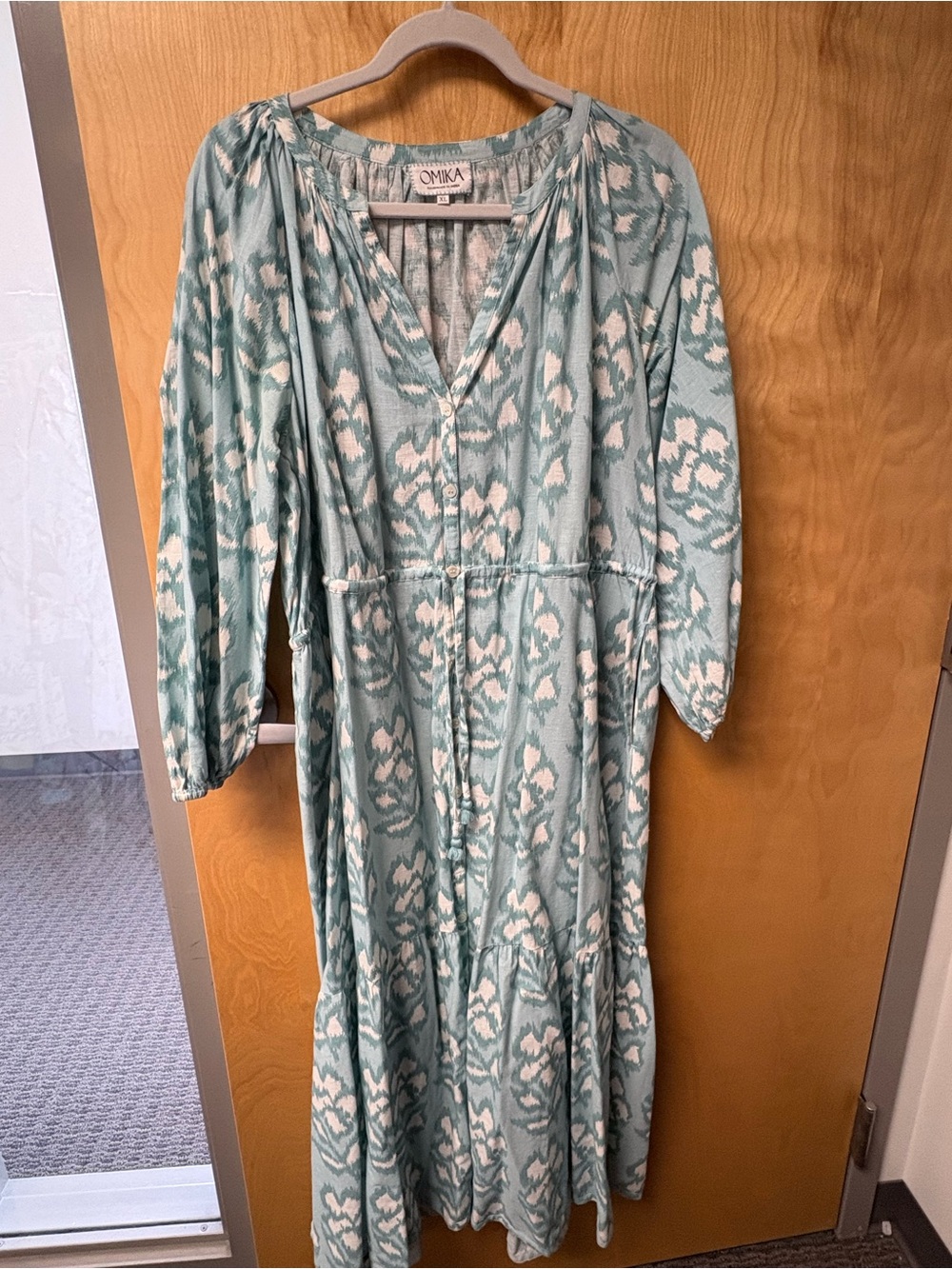 Omika Teal & White Long-Sleeve Button-Front Maxi Dress